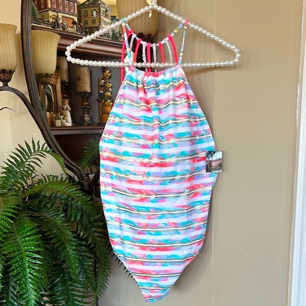 Brand New Victoria's Secret Swimsuit High Neck Strappy Back White Bright Coral